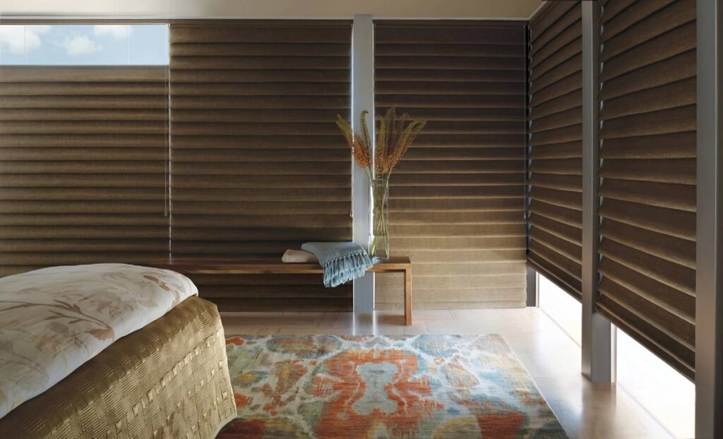 Hunter Douglas Roman shades as bedroom window shades, featuring Top-Down/Bottom-Up enhancement for better light control at Kerrville Window Fashionsnear Kerrville, TX